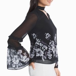 White House Black Market Black & White Floral Choker Blouse NWOT